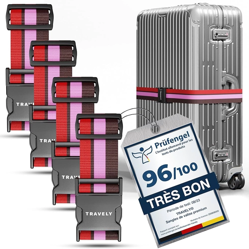 Travely® Lot de 4 sangles de valise de qualité supérieure - Particulièrement visibles et sûres - Avec 2 étiquettes nominatives - Sangle de valise idéale sur la croix - Multicolore