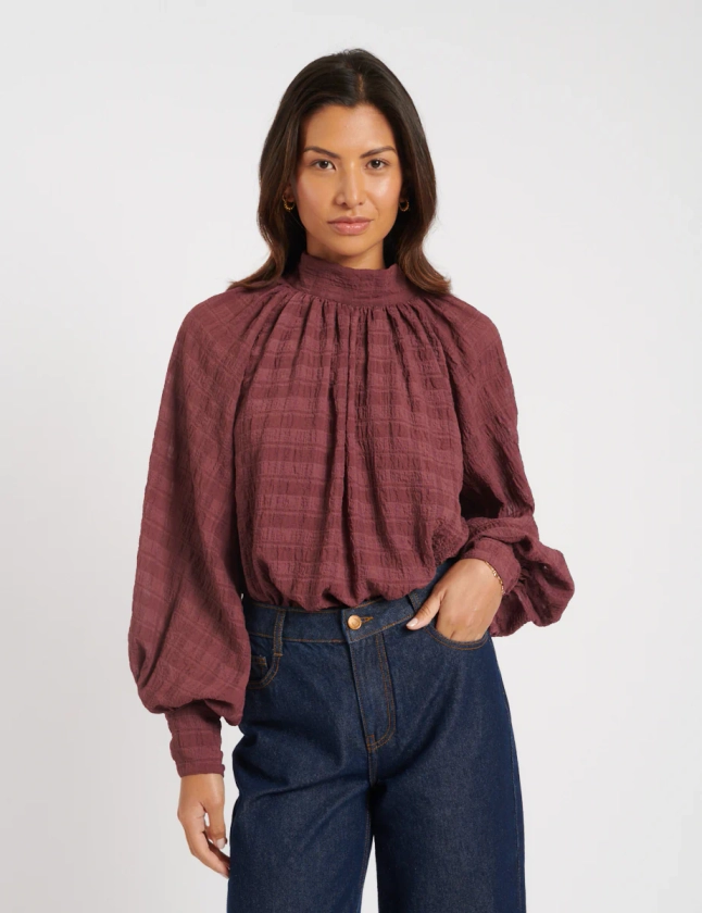 Purple Check Balloon Sleeve Blouse