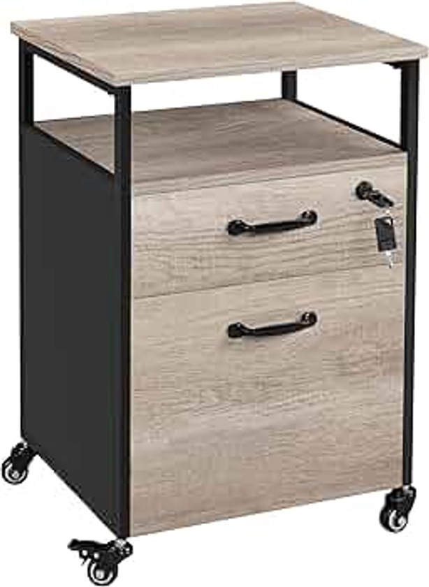 Yaheetech Caisson de Bureau 2 tiroirs Verrouillables, Rangement Dossier, Meuble Armoire de Bureau Mobile avec roulettes Industriel 45 x 40 x 66,5 cm Gris et Noir