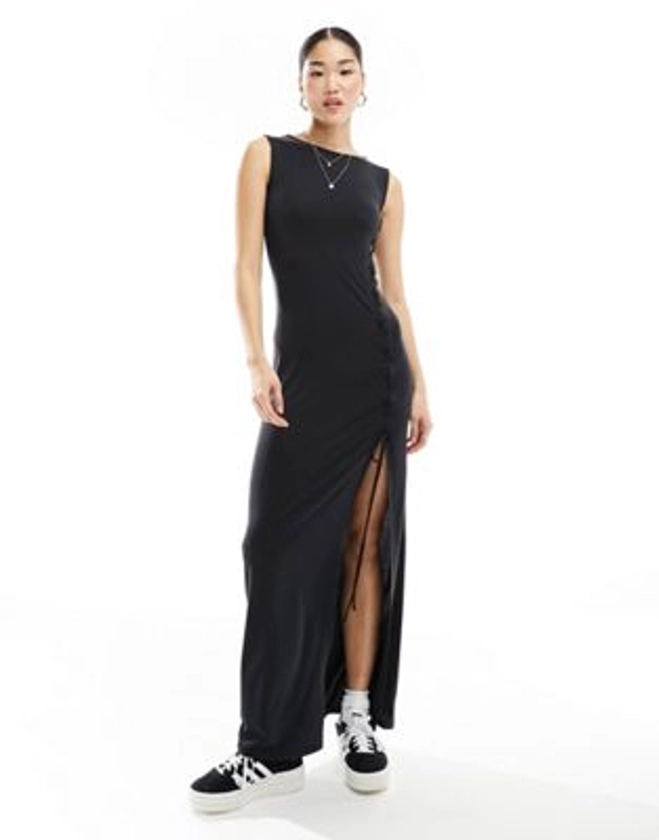 Weekday Ira boatneck maxi dress with tie split side in black | ASOS