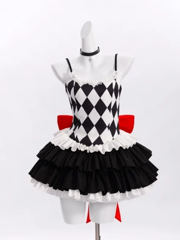 [$42.50]Joker: Folie à Deux Harley Quinn Inspired Tiered Ruffle Hem Spaghetti Strap Clown Dress Black and White Diamond Pattern Bodice