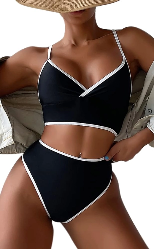 B2prity Women Two Piece V Neck Swimsuits High Cut Tummy Control Bathing Suit Contrast Swimwear High Waist Bikini Sets