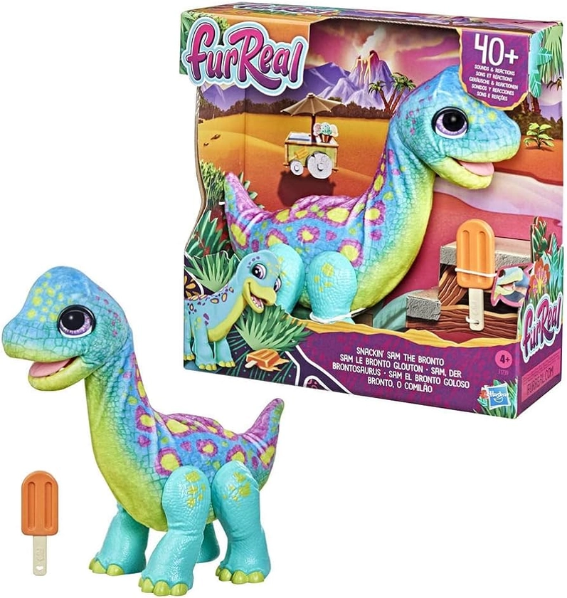 FurReal friends - Snackin Sam the Bronto - Plush Dinosaur - 40+ Sounds and Motions, Feed Him and He Makes Eating Sound - Companion Pets and Interactive Toys for Kids - Boys and Girls - F1739 - Ages 4+