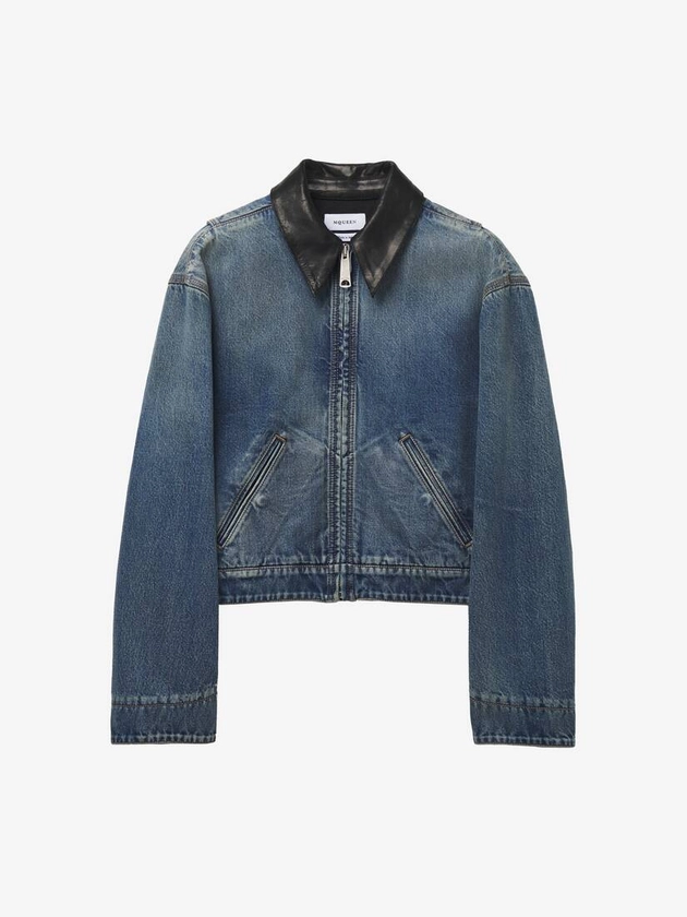 Veste en denim à encolure contrastée Indigo pour Femme | Alexander McQueen