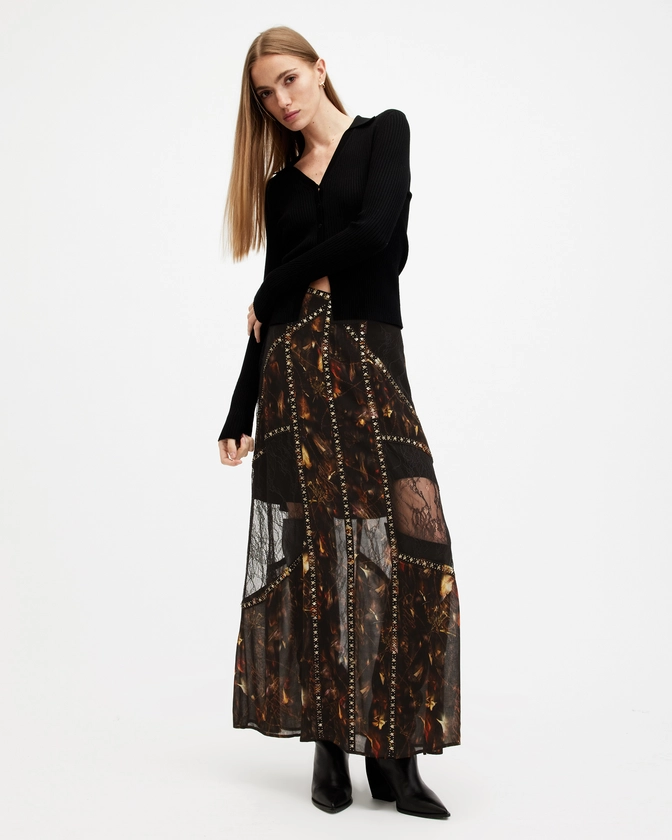 Bryn Embellished Panelled Maxi Skirt KATERI BLACK | ALLSAINTS