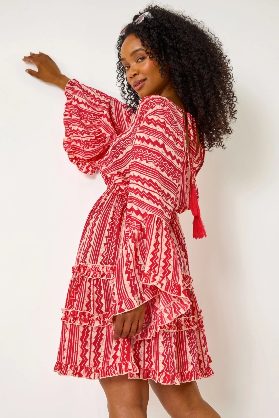 Pink Petite Aztec Print Flared Sleeve Dress | Roman UK