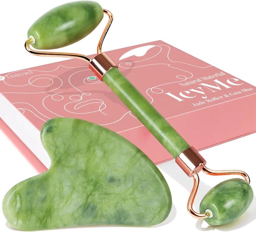 BAIMEI IcyMe Gua Sha & Jade Roller Facial Tools Face Roller and Gua Sha Set for Puffiness and Redness Reducing Skin Care Routine, Self Care Gift for Men Women - Green