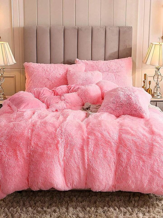 3pcs Pink Plush Duvet Cover Set (1 Duvet Cover + 2 Pillowcase), Soft & Warm Bedding Set