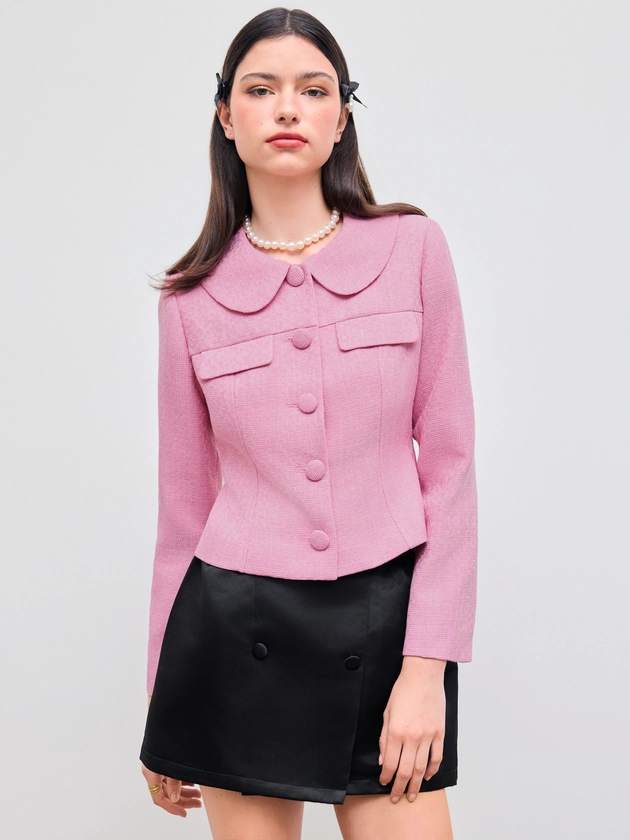 Tweed Tweed Round Neckline Solid Button Jacket For Work