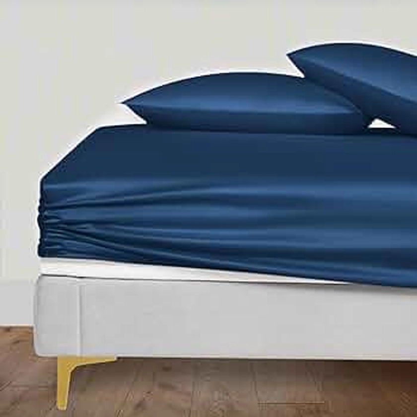 LINENWALAS Organic Vegan Bamboo Fitted Sheet with Pillowcase, Deep Pocket 16 Inch Softest, Silky Cool Bamboo Bedding Double Size 1 Fitted Sheet and 2 Pillowcase (55x75 Inches, Navy Blue)