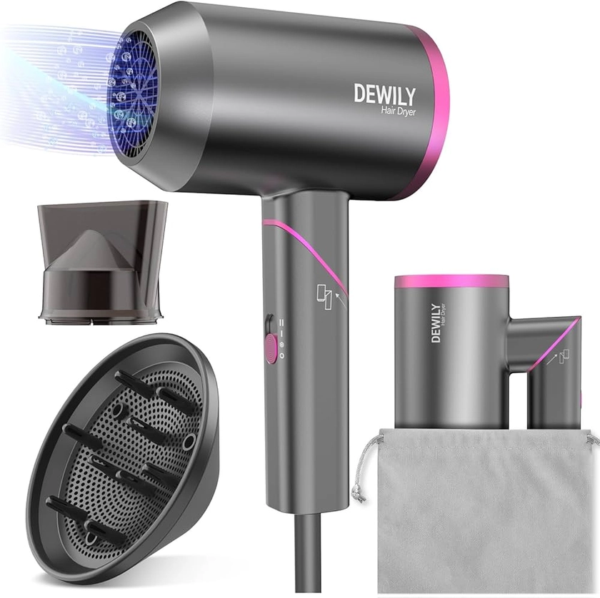 Seche cheveux Professionnel Ionique - DEWILY Hair Dryer 1 diffuseur 1 buses, 3 températures, Sèche-cheveux de voyage pliable petit, Sèche-cheveux petit format 1800W