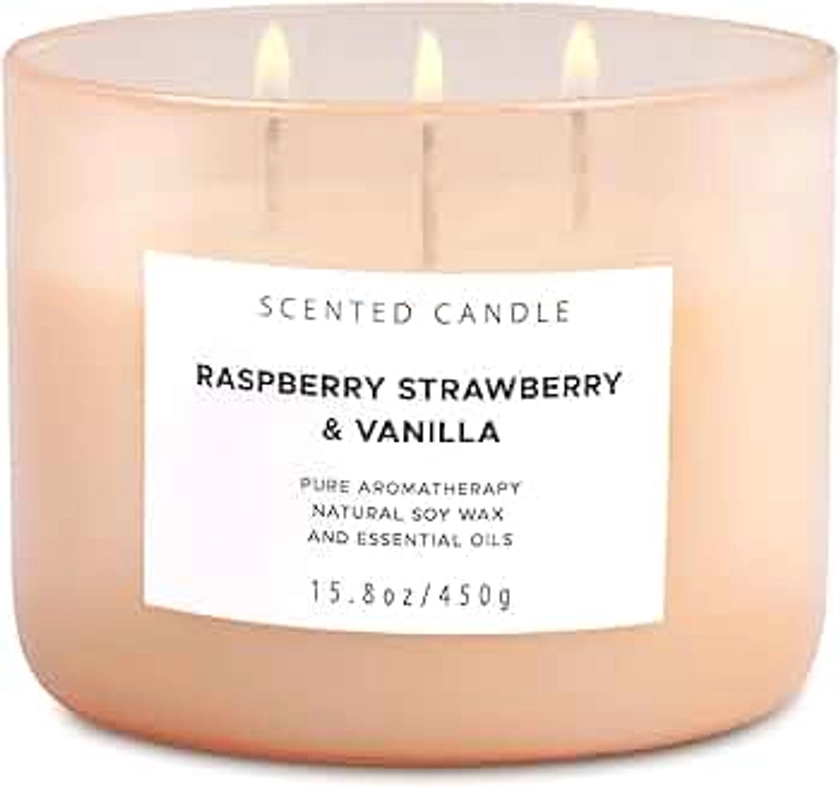 Raspberry Strawberry Vanilla Scented Candles for Home | Natural 3 Wick Soy Candle | Calming Aromatherapy Candle Gift for Women and Men | 15.8 Oz Large Relaxing Candle Highly Scented