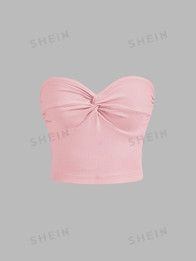 SHEIN x Marika Sila SHEIN MOD Twist Front Ribbed Knit Tube Pink Cropped Summer Top