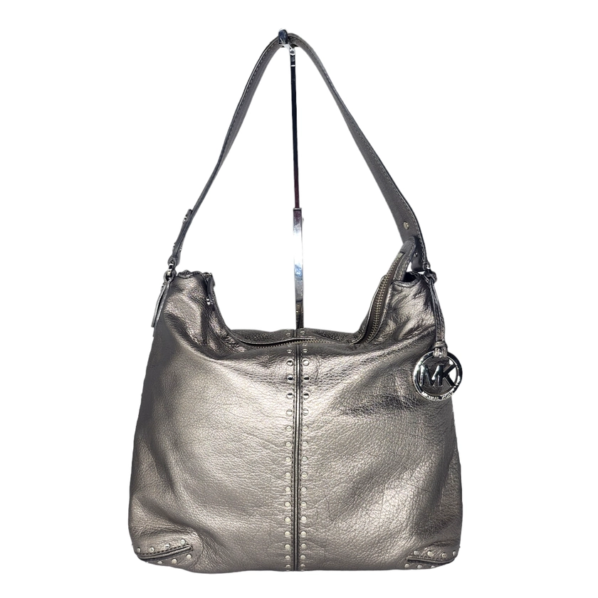 Michael Kors Handbag Purse Silver Metallic Studded Shoulder Leather Gray Shiny