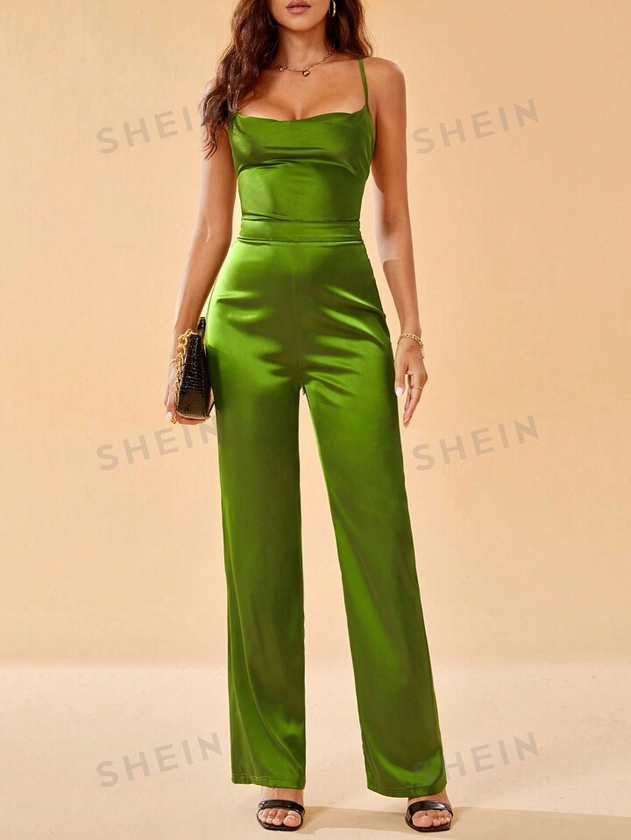 SHEIN Tall Solid Color Satin Material Women'S Jumpsuit With Spaghetti Strap