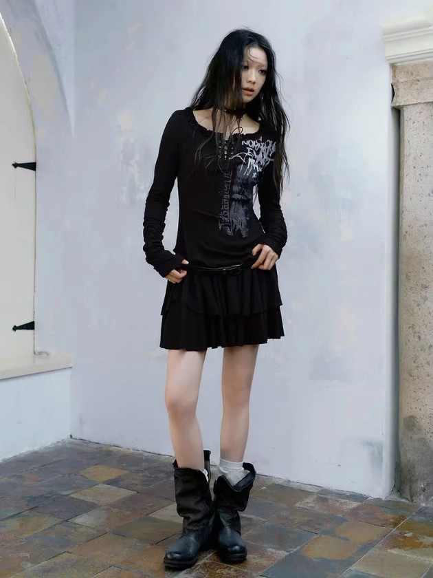 Strappy punk print slim dress | Byunli