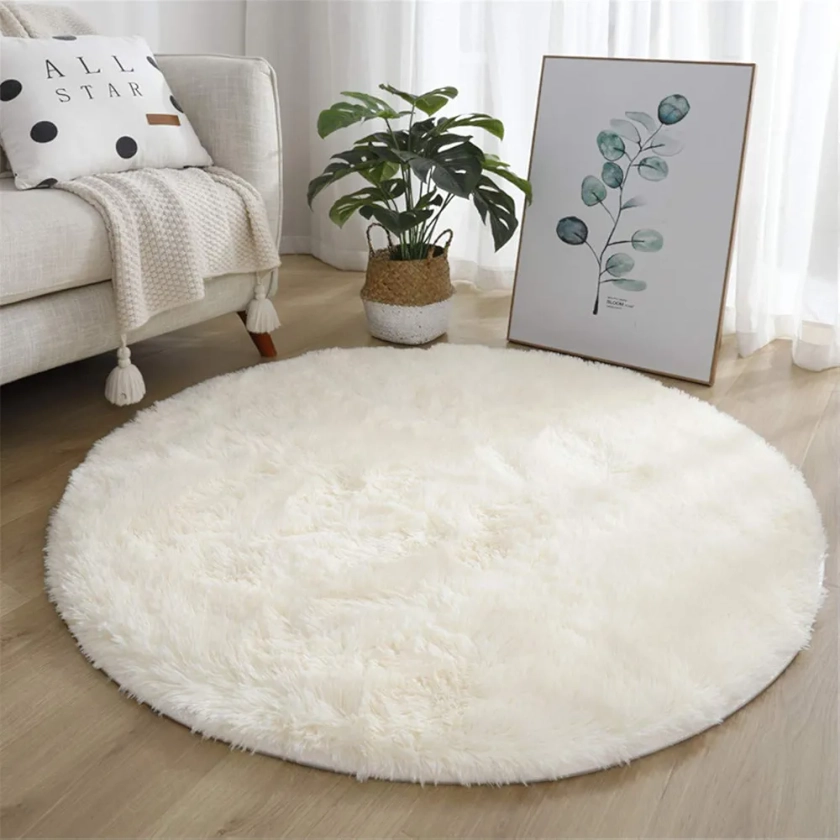 Hiser Ronde Rugs Tapis de Salon à Poils Longs Tapis de Sol Moelleux Shaggy Doux et Confortable Moderne Tapis Antidérapant Décoration Intérieure Tapis Moelleux pour Salon Chambre (Beige,120x120cm)