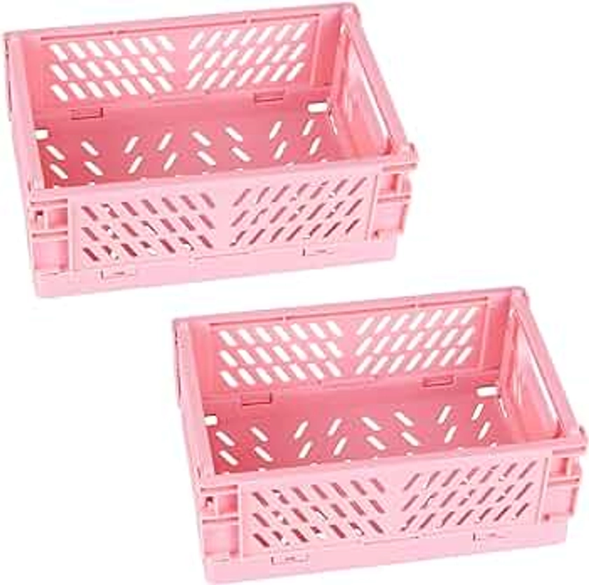 2-Pack Mini Foldable Plastic Baskets for Organizing and Storage, Collapsible Storage Crate for Home Kitchen Bedroom Bathroom Office (5.9x3.8x2.2, Pink)
