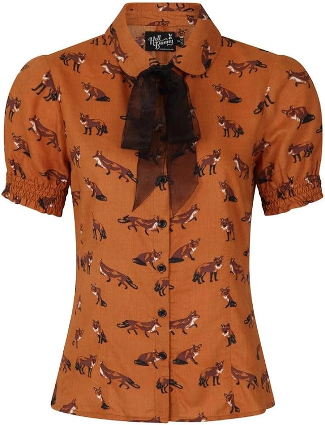 Hell Bunny Vixey Fox Print Top 50's Vintage Retro Pinup Short Sleeve Bow Blouse - Brown (S) at Amazon Women’s Clothing store