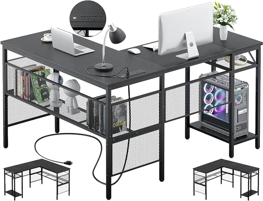 L Shaped Computer Desk with Power Outlets & USB Charging Port, Corner Computer Desks with Storage Shelves,Gaming Table Modern Home Office Desk