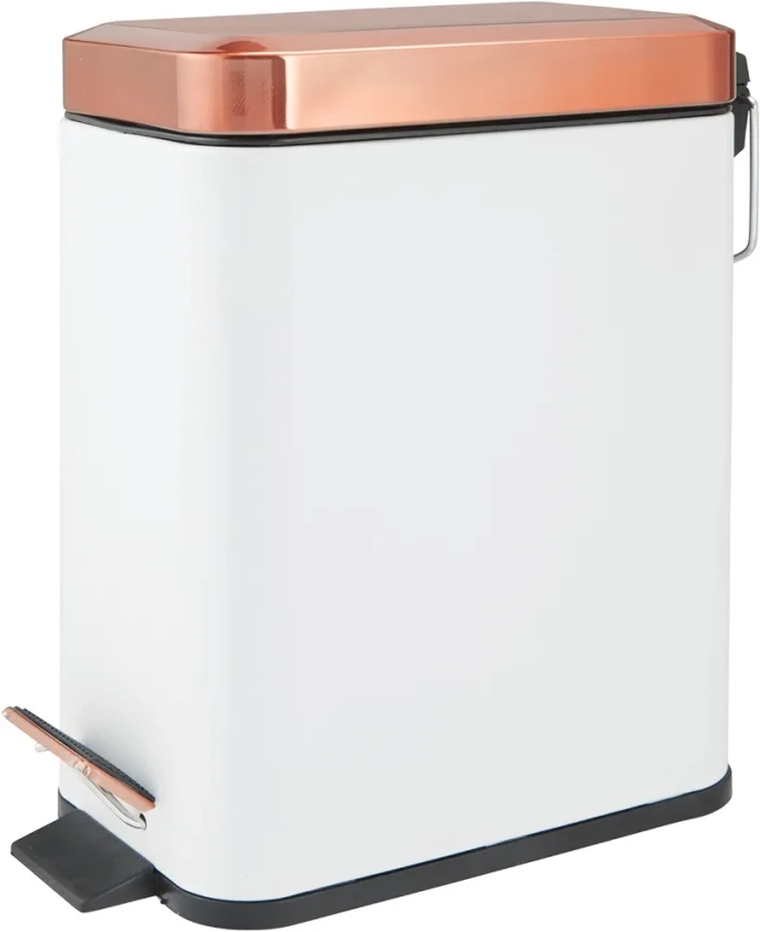 mDesign Small Modern 1.3 Gallon Rectangle Metal Lidded Step Trash Can, Compact Garbage Bin with Removable Liner Bucket and Handle for Bathroom, Kitchen, Craft Room, Office, Garage - White/Rose Gold