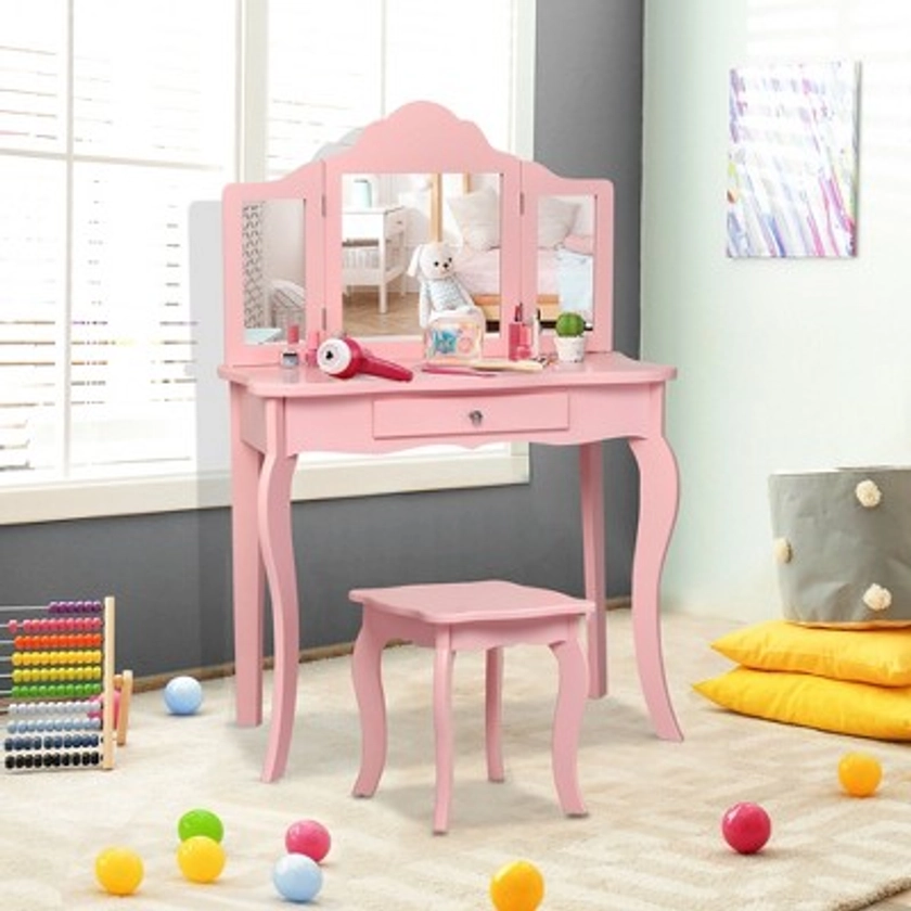 Costway Kids Vanity Table & Stool Princess Dressing Make Up Play Set for Girls Pink