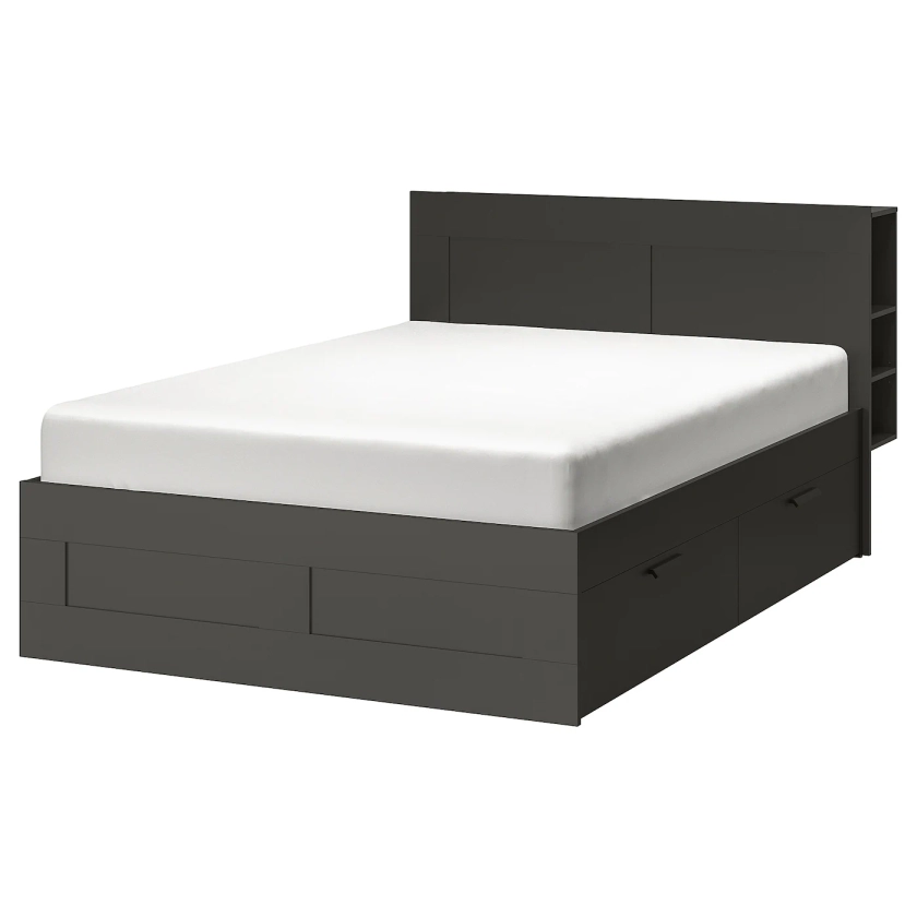 BRIMNES bed frame with storage & headboard, gray/Luröy, Queen - IKEA