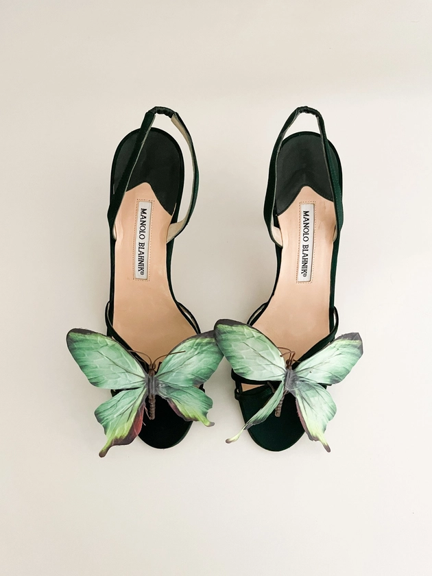 The Sororité Collection: Manolo Blahnik Green Butterfly Sandal Heels (US 9 / IT 39.5) — sororité.