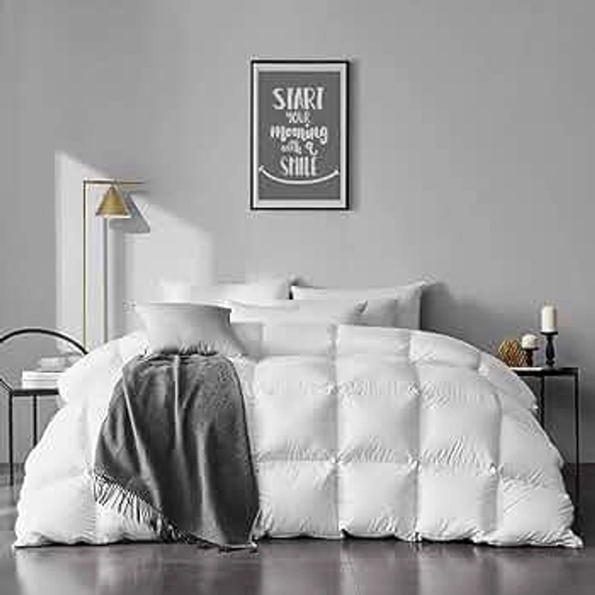 APSMILE Lightweight Goose Feather Down Comforter Queen Size - Ultra Soft Organic Cotton Quilted All-Season Thin Feather Down Duvet Insert for Warm Weather/Hot Sleepers (90x90, Ivory White)