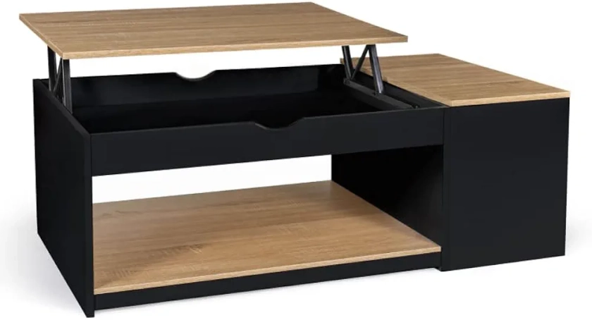 IDMarket - Table Basse Plateau relevable rectangulaire ELEA avec Coffre Bois Noir et façon hêtre