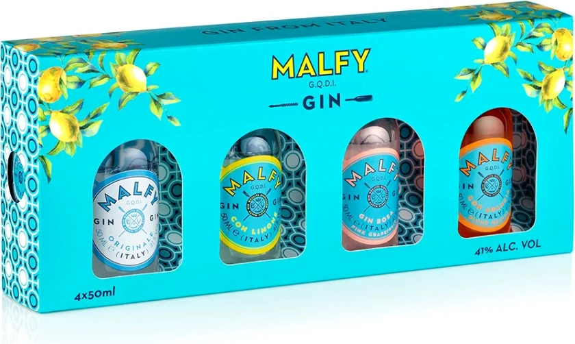 Malfy Italian Gin Miniatures Gift Box Selection | 4 x 5cl | Grapefruit, Lemon, Blood Orange and Original Flavoured Gin Minis | Perfect Gin Gift set | Ideal for Birthday Gifts and Special Occasions