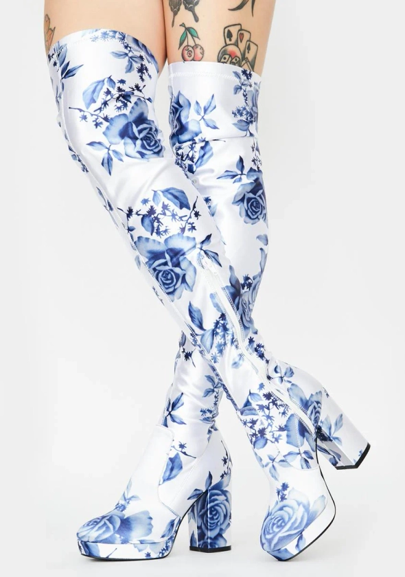Current Mood Porcelain Rose Thigh High Boots - White Blue
