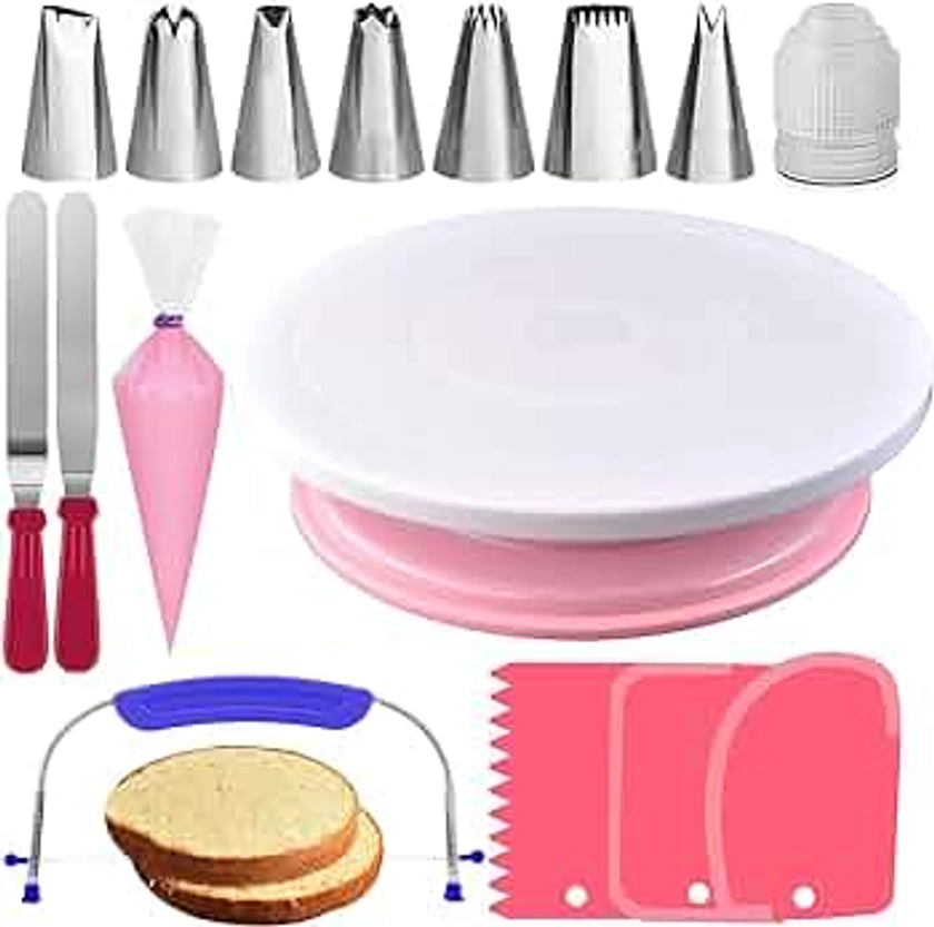RFAQK 35PCs Cake Turntable and Rotating Cake Stand with Non Slip pad-7 Icing Tips and 20 Bags- Straight & Offset Spatula-3 Scraper Set -EBook-Cake Decorating Supplies Kit -Baking Tools