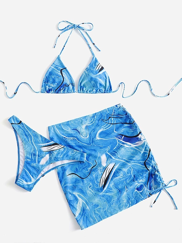 3pack Fluid Pattern Halter Triangle Bikini Swimsuit With Beach Skirt