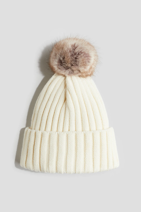 Rib-knit pompom hat - Light beige - Kids | H&M GB