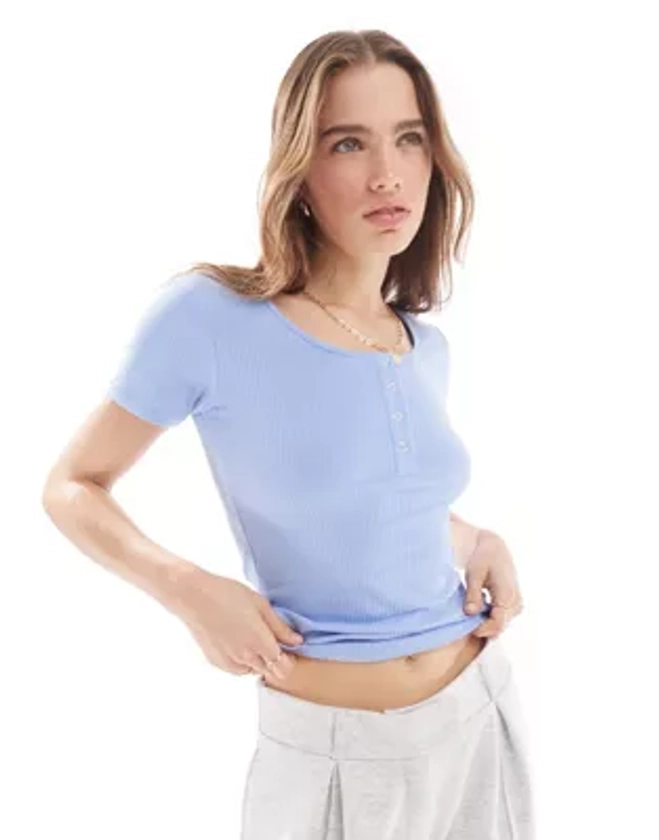 Pieces ribbed top with poppers in blue hydrangea | ASOS