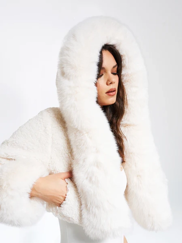 Kali White Cropped Faux Fur Jacket With Hood