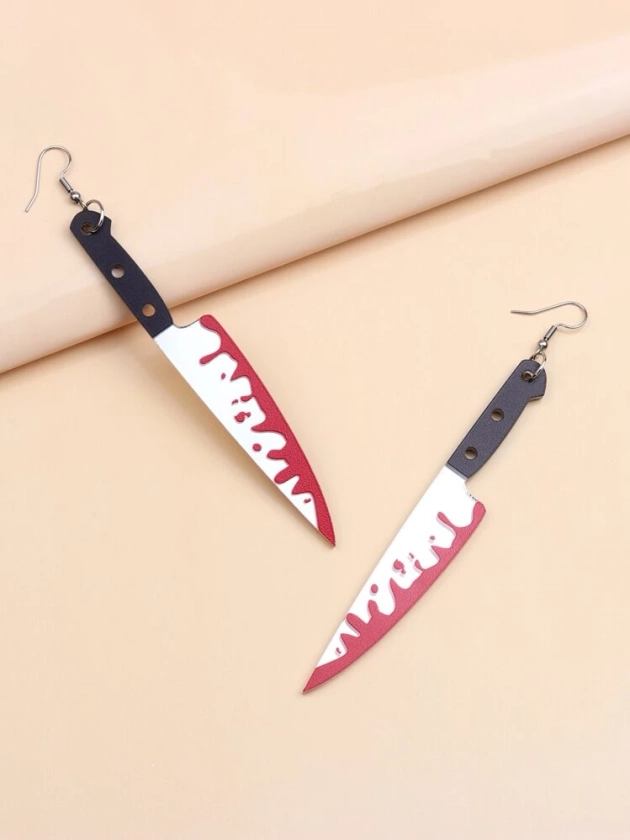 1 Par De Grandes Pendientes Con Forma De Cuchillo De Color Rojo Sangre Para Halloween Para Mujeres