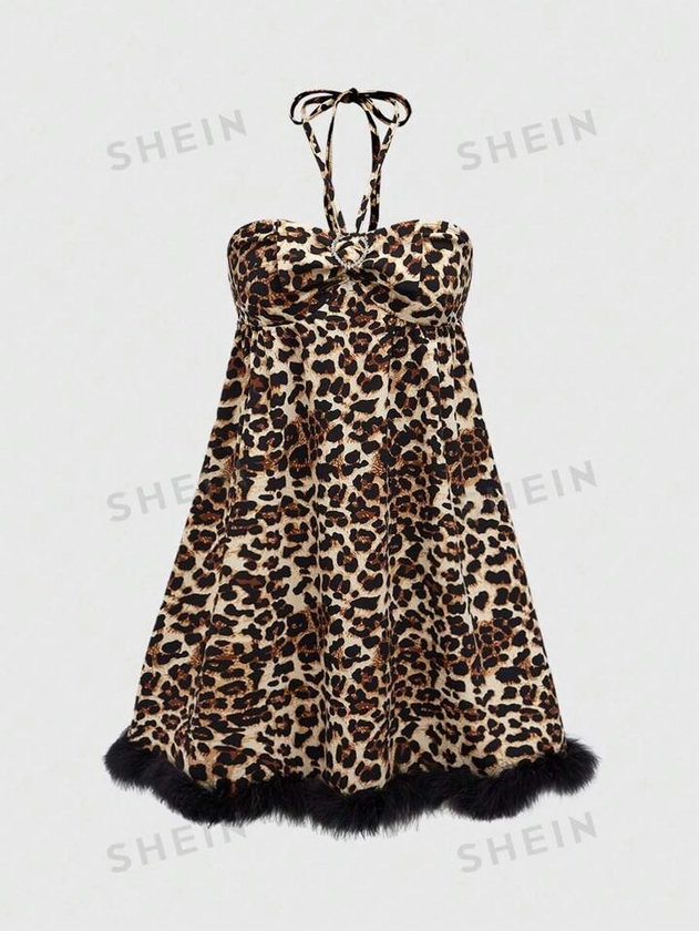 ROMWE Kawaii Vestido de verano para mujer con estampado de leopardo y diseño sin respaldo con cuello halter empalmado con ribete de piel sintética