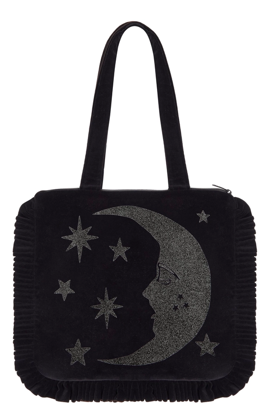 Luna Black Velvet Bag in Black Glitter | Mary Benson