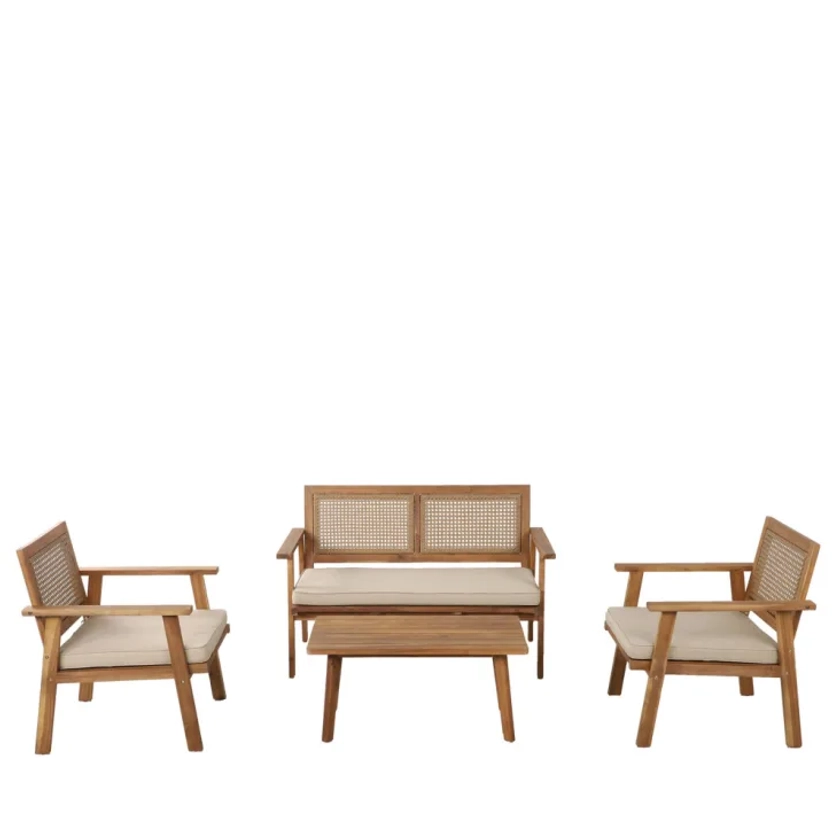 Salon de jardin 1 canapé, 2 fauteuils et 1 table basse en bois d'acaci