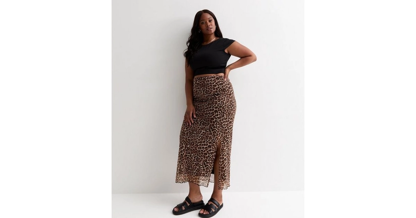 Curves Black Leopard-Print Mesh Midi Skirt | New Look