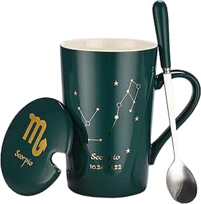 Bruntmor Ceramic Coffee Mug with Constellation Design - Zodiac Sign Mug with Lid, Horoscope Tea Cup - Comes with Box & Spoon - Unique Birthday Astrology Lovers Gifts for Men and Women - Scorpio