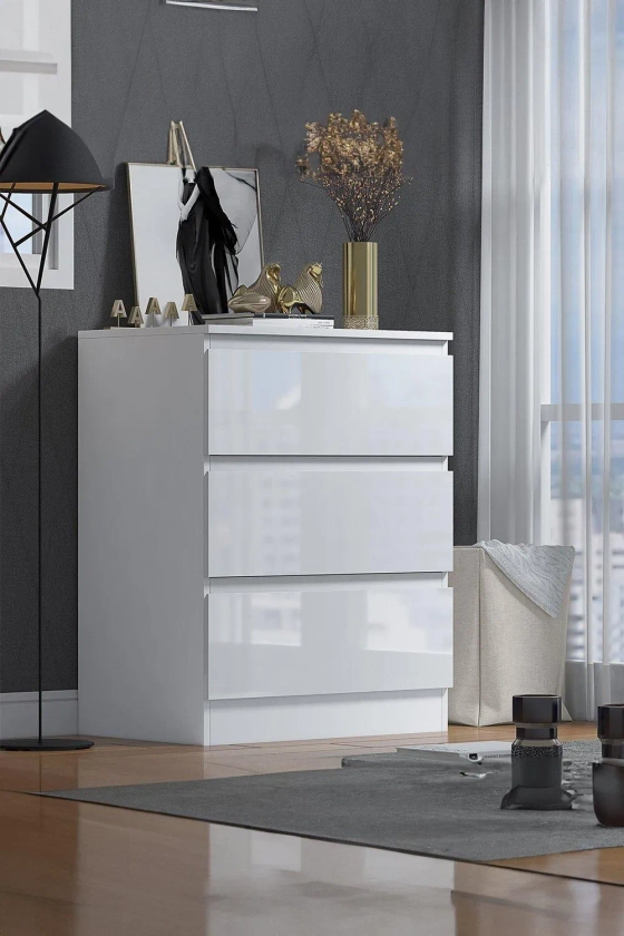 Bedside Tables & Cabinets | 3 Drawer High Gloss White Bedside Chest - Stora | FWStyle