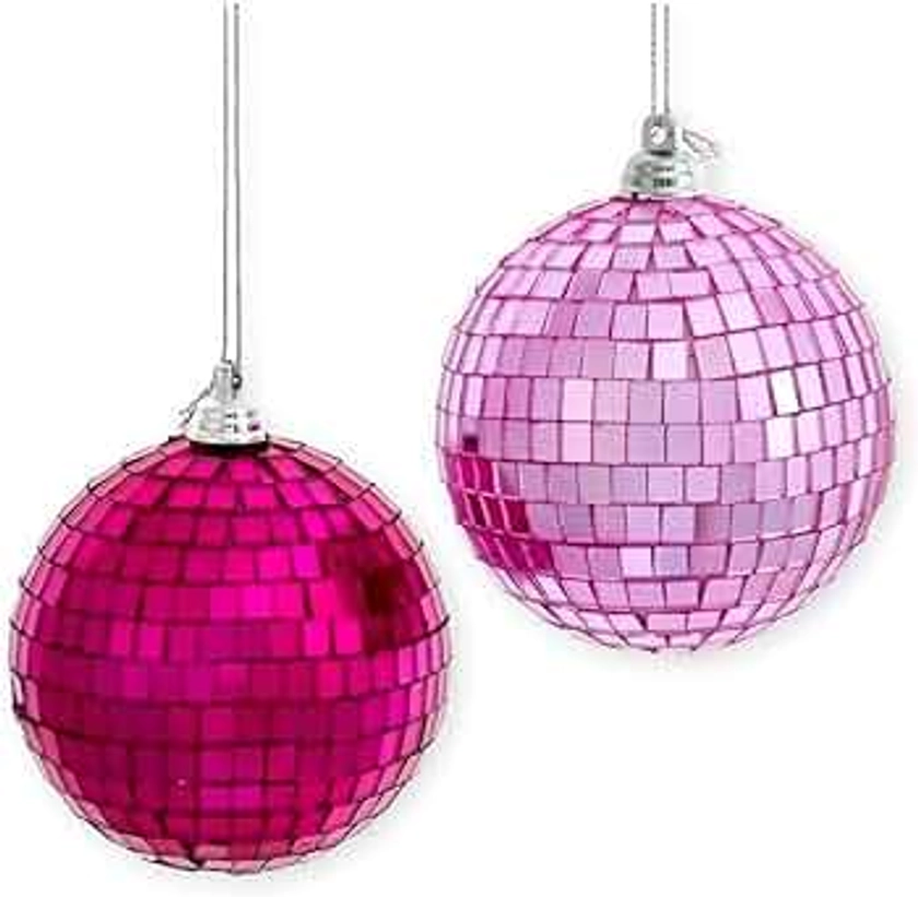 The Bridge Collection Set of 2 Disco Ball Glass Mirrored Ball Ornaments - Light and Dark Pink Festive Christmas Decorations - Pink Disco Ball Christmas Tree Ornament - Pink Themed Hoilday Decorations