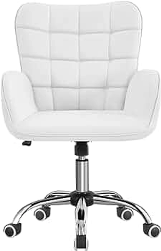 costoffs Mid back Office Desk Chair PU Leather Adjustable Computer Chair Vanity Chair with Adjustable Swivel Wheels for Bedroom, Office, Study White