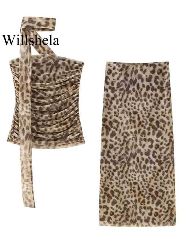 Willshela-Jupe mi-longue taille haute plissée léopard pour femme, jupe en tulle pour femme, mode vintage, chic, ensemble 2 pièces