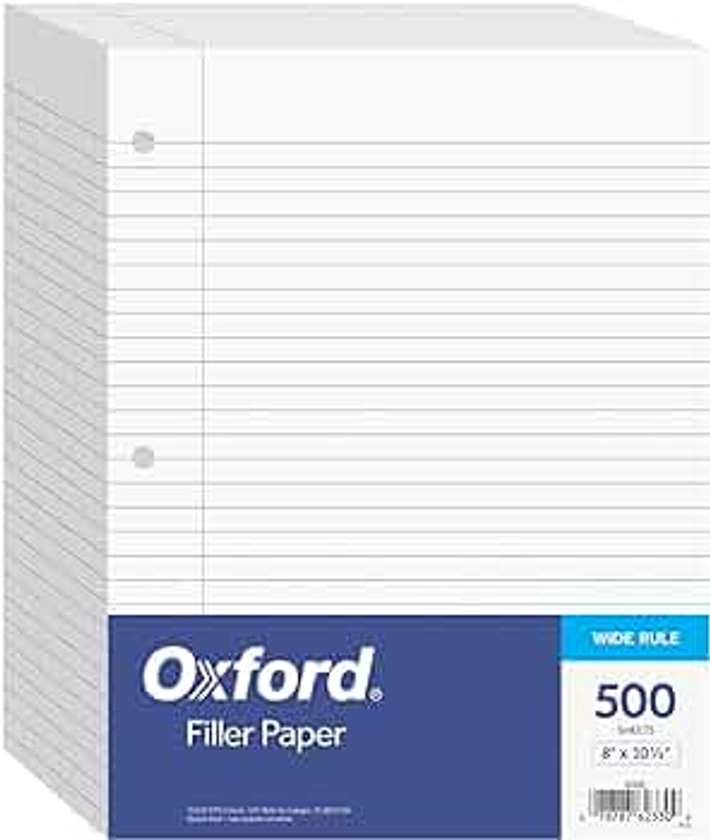 Oxford Filler Paper, 8 x 10-1/2 Inch Wide Ruled Paper, 3 Hole Punch, Loose Leaf Notebook Paper for 3 Ring Binders, 500 sheets (62330), white