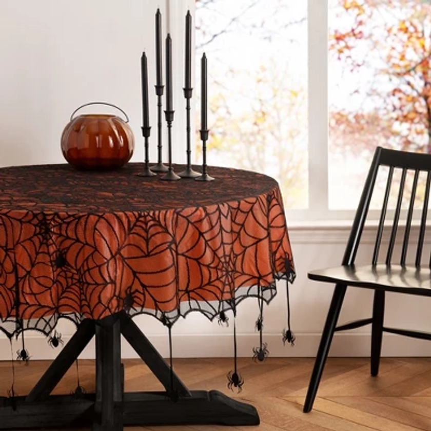 Crawling Halloween Spider Lace Lined Tablecloth - 70" Round - Black/Orange - Elrene Home Fashions