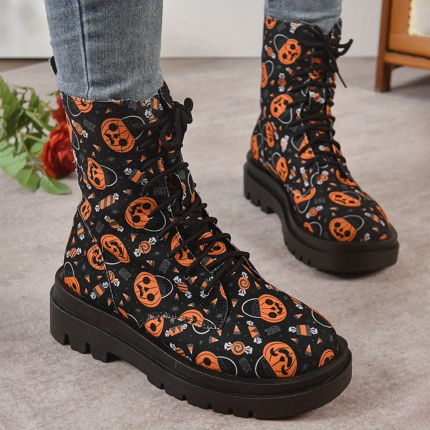 Women's Pumpkin Print Chunky Heel Boots, Fashion Lace Up Platform Boots, Comfortable Halloween Boots
